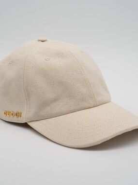 size L Gucci Golden Metal Logo Canvas Baseball Cap Beige